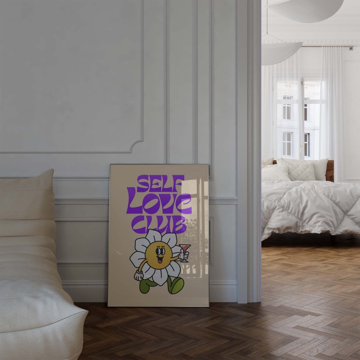 Self Love Club Poster · Retro Blumen Charakter Illustration Poster · Verspielte Pop Art Typografie · Print ohne Rahmen - justgoodmood