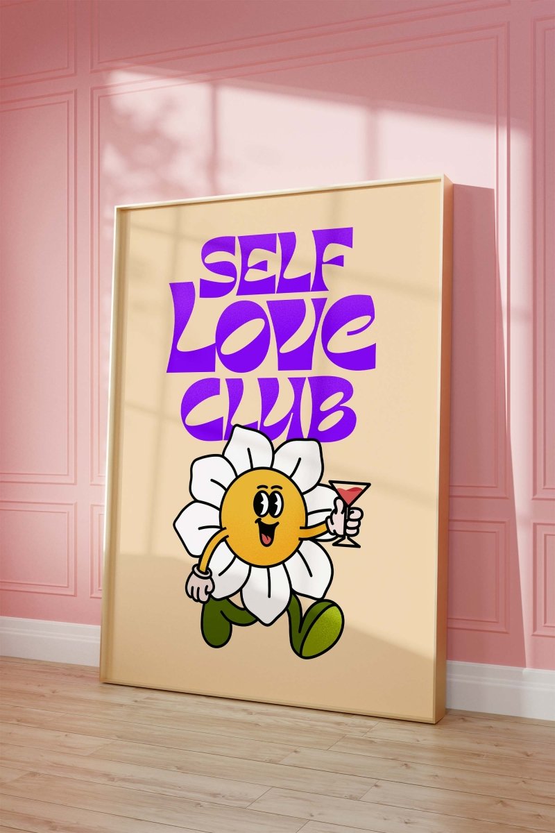 Self Love Club Poster · Retro Blumen Charakter Illustration Poster · Verspielte Pop Art Typografie · Print ohne Rahmen - justgoodmood