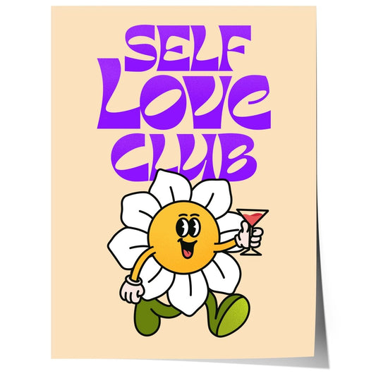 Self Love Club Poster · Retro Blumen Charakter Illustration Poster · Verspielte Pop Art Typografie · Print ohne Rahmen - justgoodmood