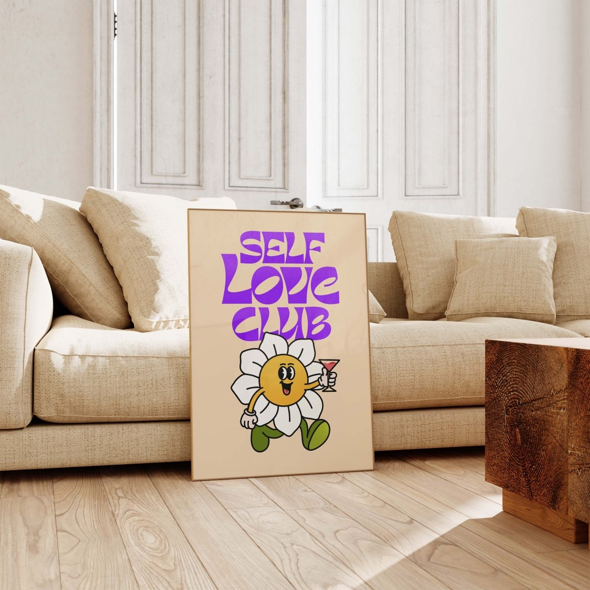 Self Love Club Poster · Retro Blumen Charakter Illustration Poster · Verspielte Pop Art Typografie · Print ohne Rahmen - justgoodmood