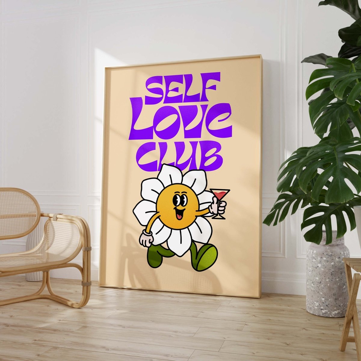 Self Love Club Poster · Retro Blumen Charakter Illustration Poster · Verspielte Pop Art Typografie · Print ohne Rahmen - justgoodmood