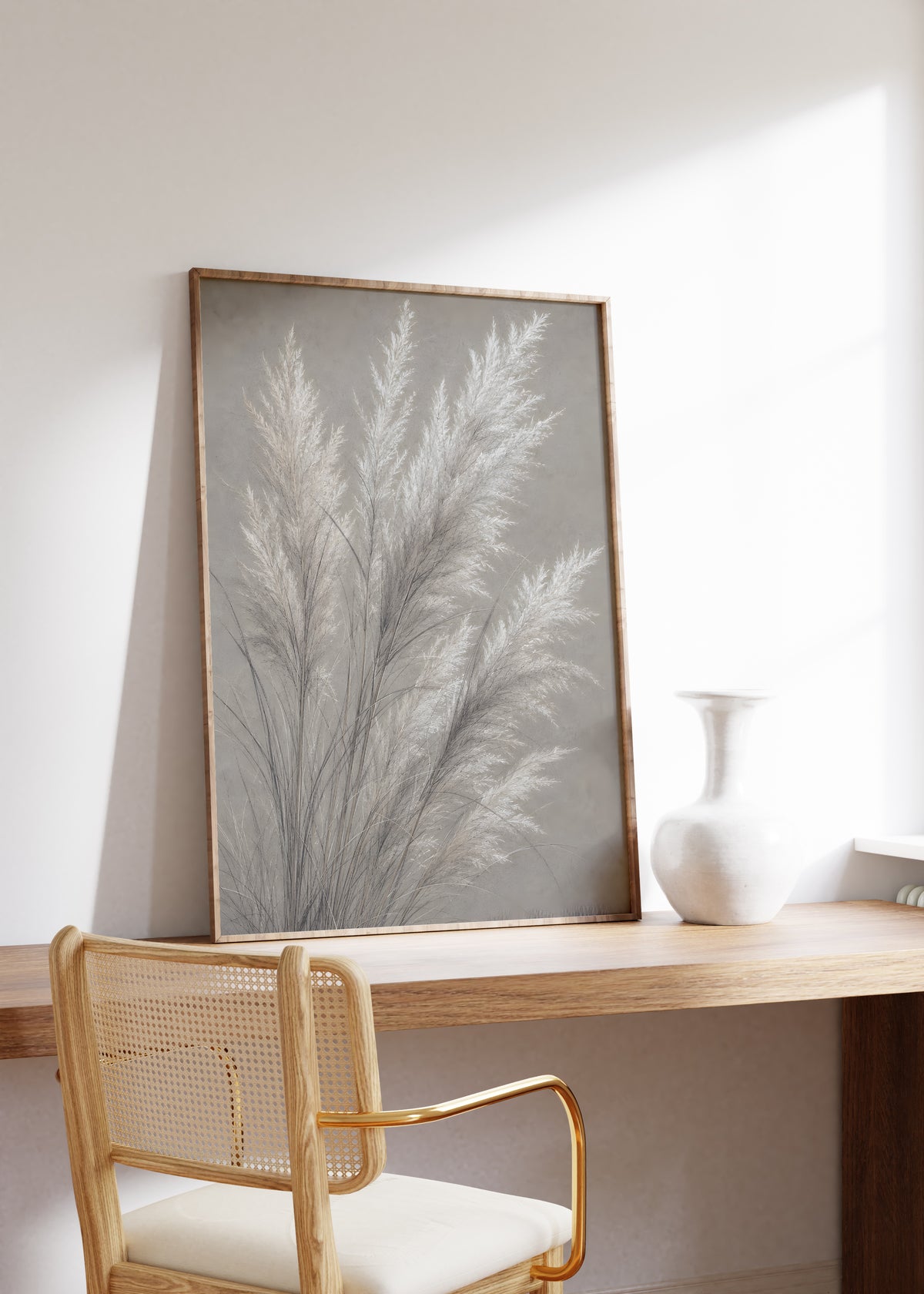 Gerahmtes Poster mit silberweißen Pampaswedeln auf einem strukturierten grauen Hintergrund, auf einem Holztisch neben einer weißen Vase.