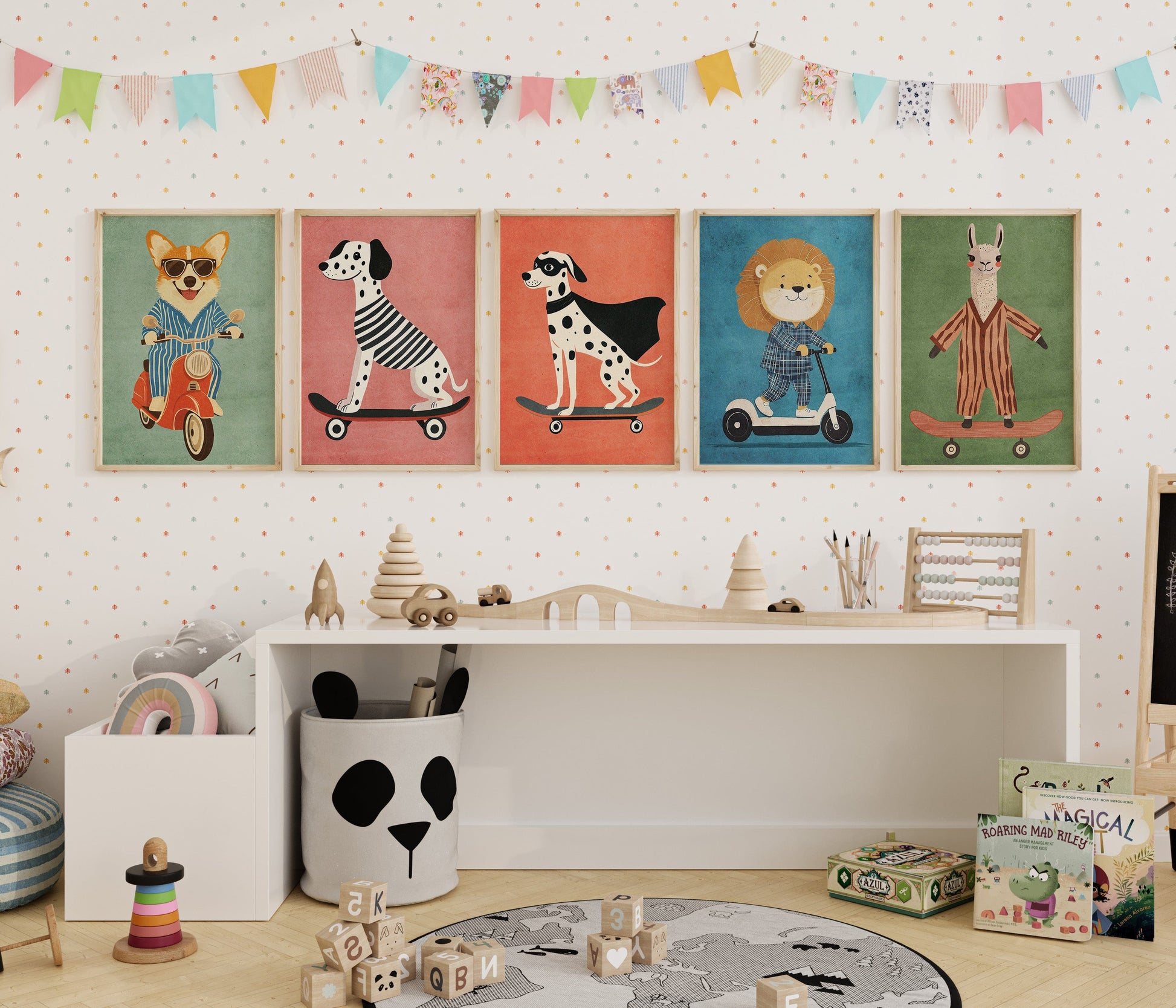Skateboard Waldtiere Poster Kinderzimmer · Geschenkidee für Kinder · Dalmatiner Löwe Fuchs Lama Koala Bär · Deko Print ohne Rahmen - justgoodmood