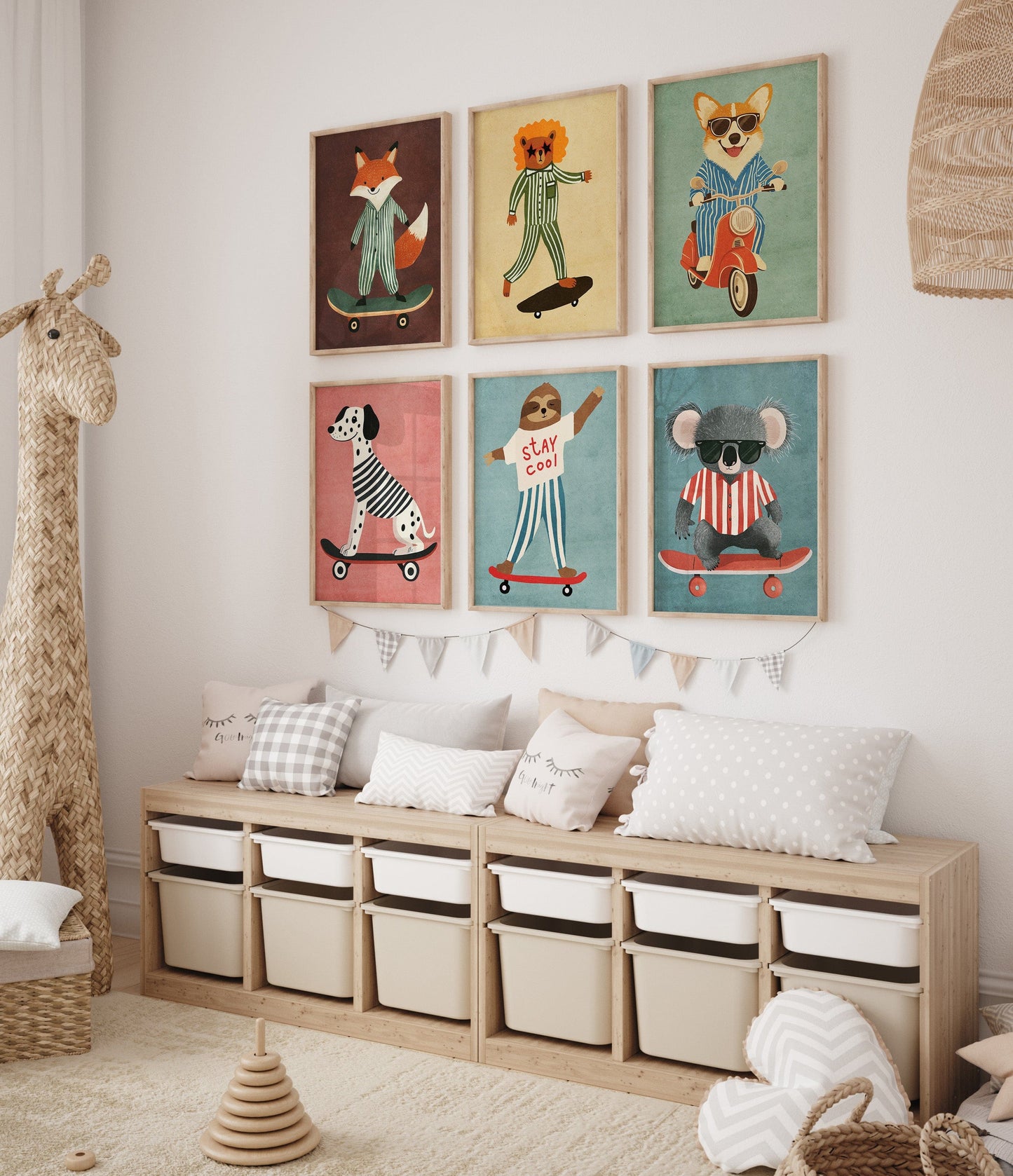 Skateboard Waldtiere Poster Kinderzimmer · Geschenkidee für Kinder · Fuchs Panda Bär Giraffe Faultier · Kinderzimmer Deko · Deko Print ohne Rahmen - justgoodmood