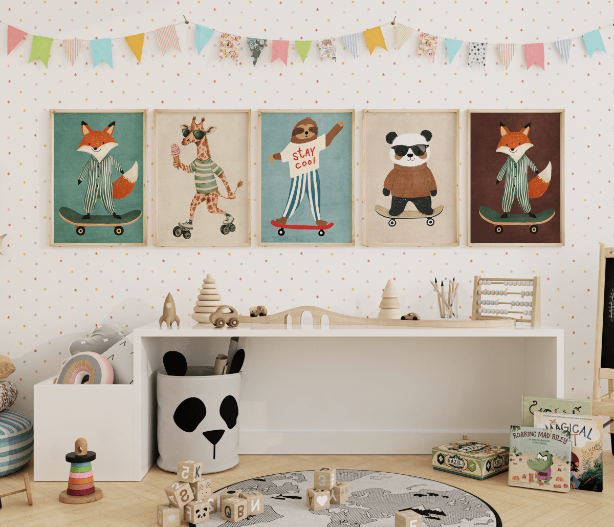 Skateboard Waldtiere Poster Kinderzimmer · Geschenkidee für Kinder · Fuchs Panda Bär Giraffe Faultier · Kinderzimmer Deko · Deko Print ohne Rahmen - justgoodmood