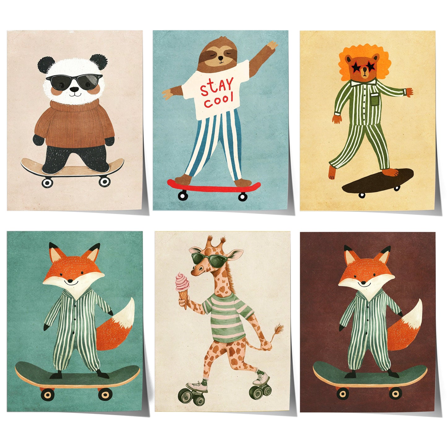 Skateboard Waldtiere Poster Kinderzimmer · Geschenkidee für Kinder · Fuchs Panda Bär Giraffe Faultier · Kinderzimmer Deko · Deko Print ohne Rahmen - justgoodmood