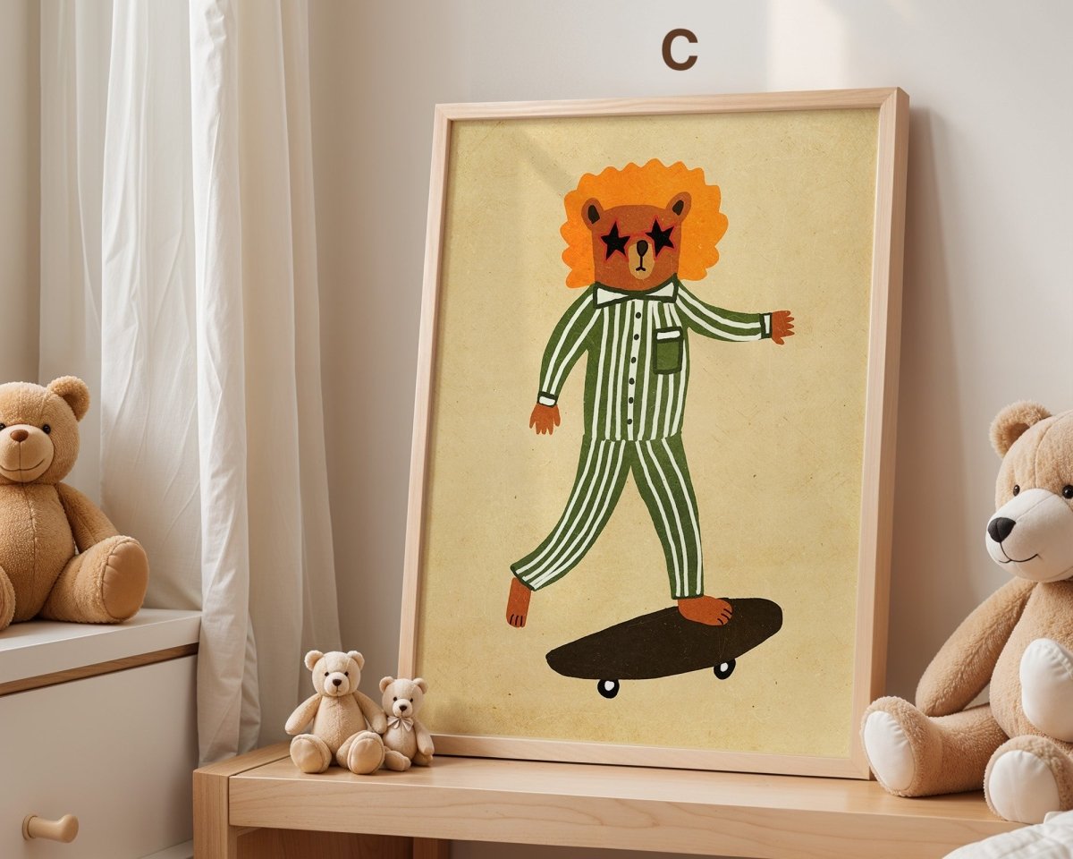 Skateboard Waldtiere Poster Kinderzimmer · Geschenkidee für Kinder · Fuchs Panda Bär Giraffe Faultier · Kinderzimmer Deko · Deko Print ohne Rahmen - justgoodmood