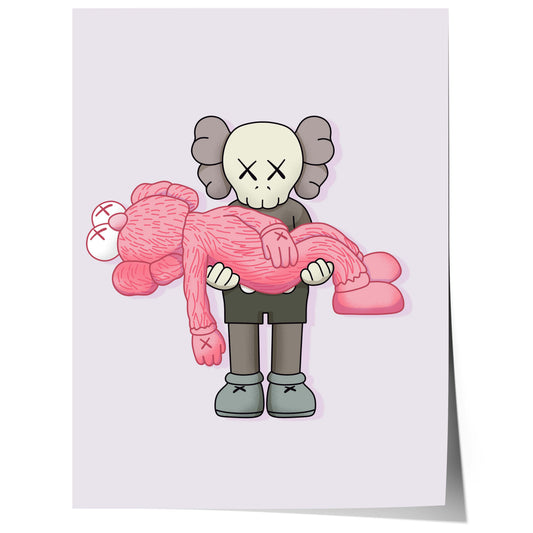 skull character holding pink plush toy pop art illustration