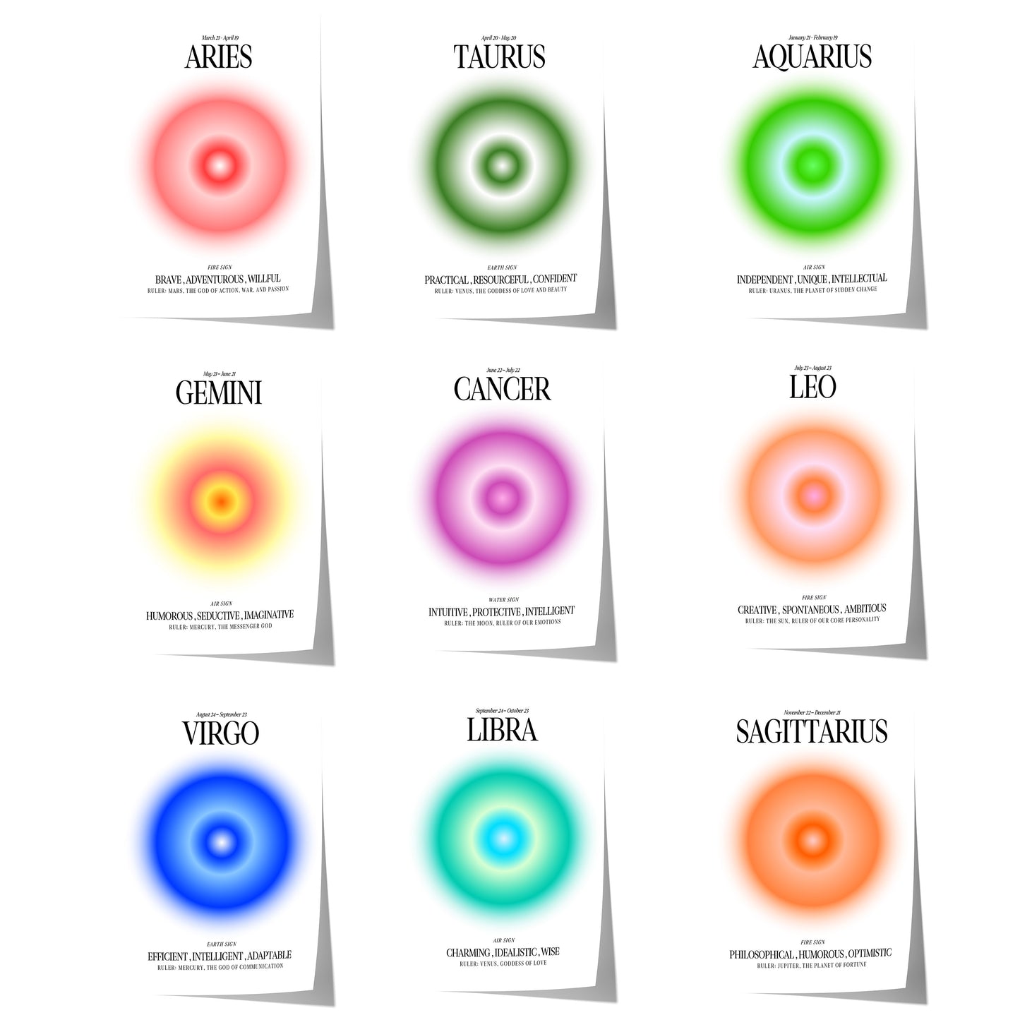 Modernes Sternzeichen Poster-Set mit farbigen Farbkreisen für Widder, Stier, Wassermann, Zwillinge, Krebs, Löwe, Jungfrau, Waage und Schütze im minimalistischen Design.