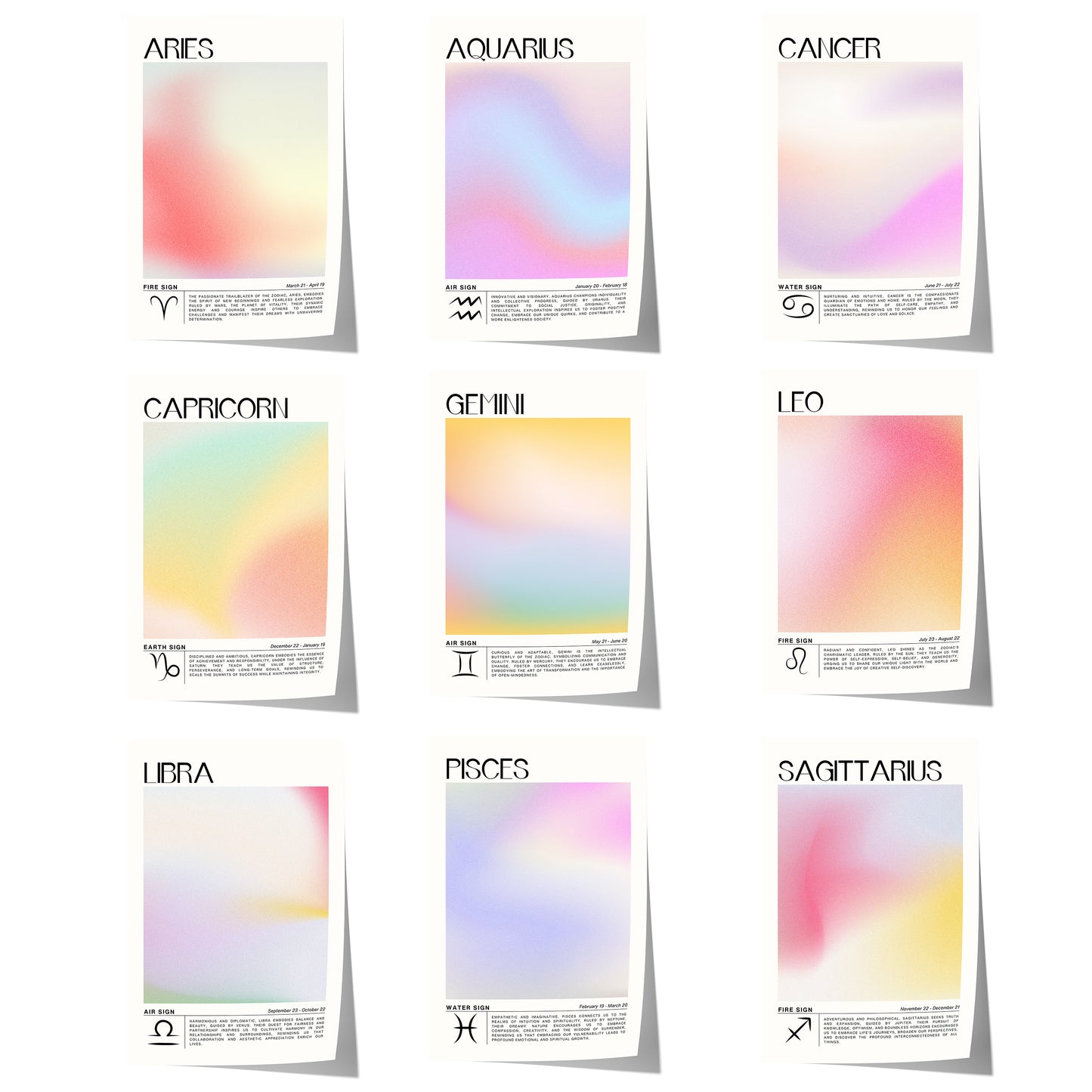 Modernes Sternzeichen Poster-Set mit Widder, Wassermann, Krebs, Steinbock, Zwillinge, Löwe, Waage, Fische und minimalistischem Farbverlauf.