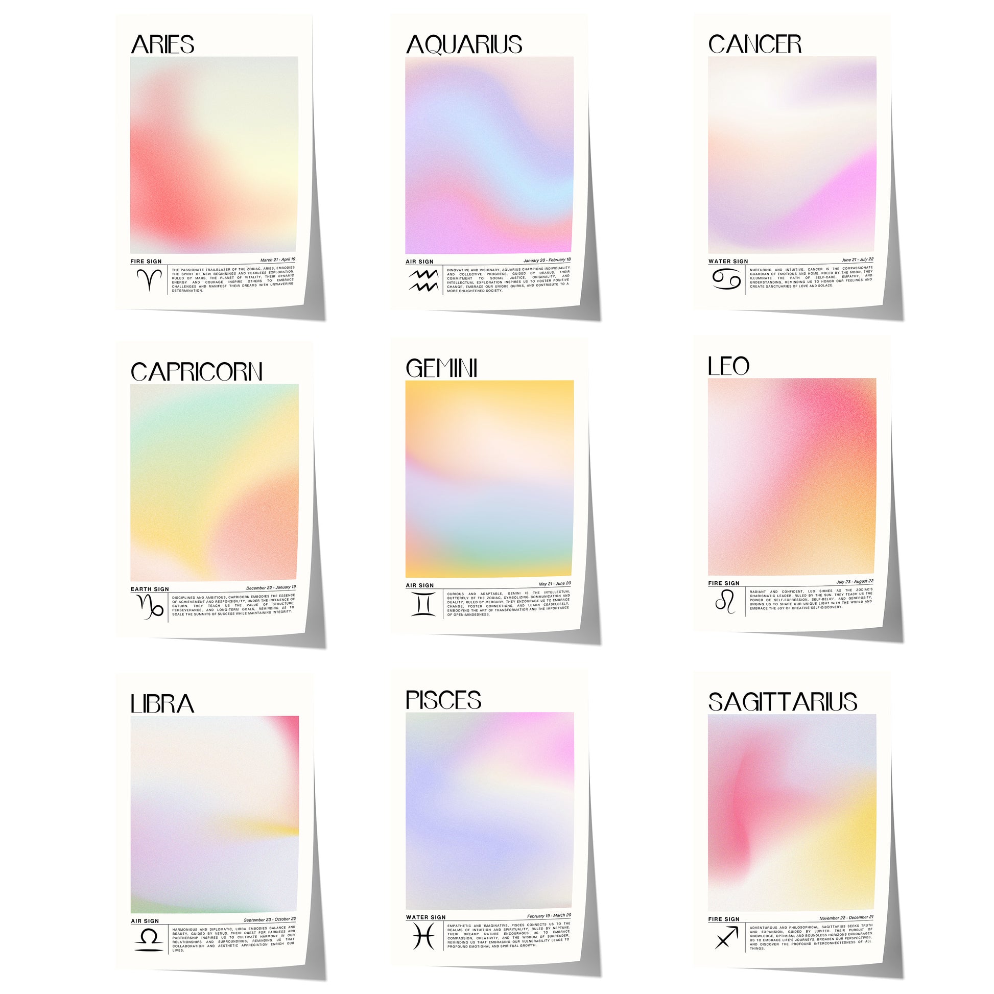 Modernes Sternzeichen Poster-Set mit Widder, Wassermann, Krebs, Steinbock, Zwillinge, Löwe, Waage, Fische und minimalistischem Farbverlauf.