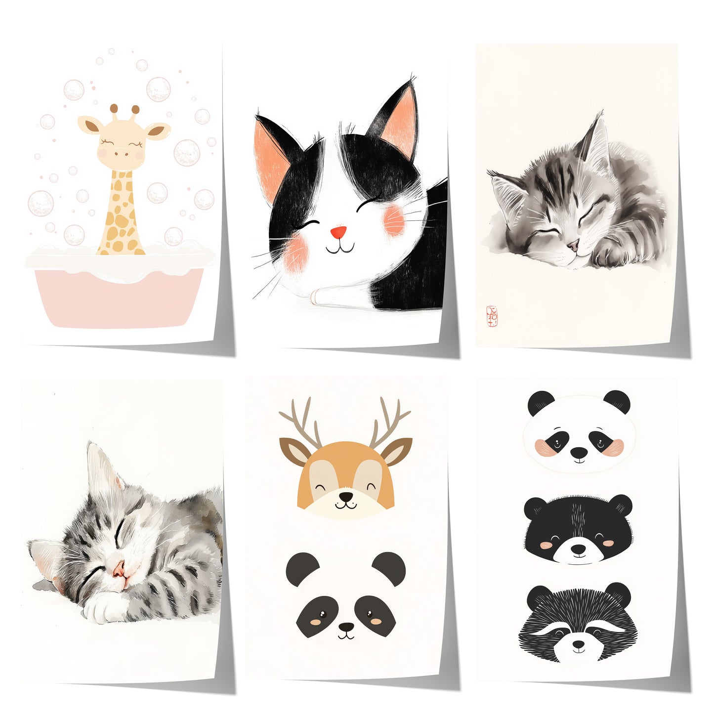Sechs niedliche Tierposter mit Giraffe, Katzen, Hirsch, Panda und Waschbär im minimalistischen Kinderstil.