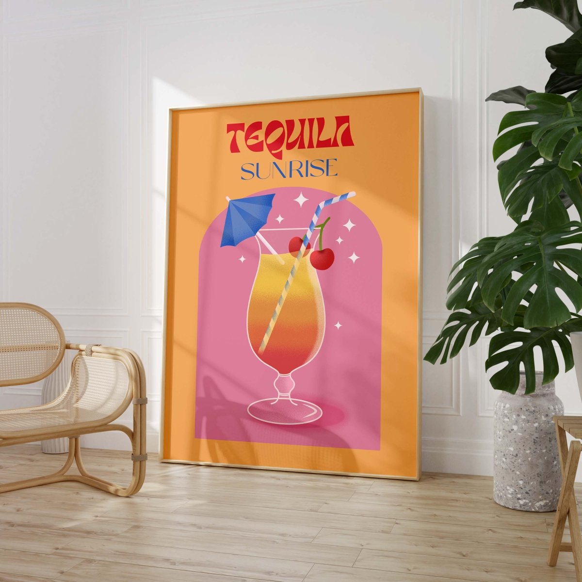 Tequila Sunrise Poster · Retro Cocktail Illustration · Pop Art Stil in Warmen Farben · Print ohne Rahmen - justgoodmood
