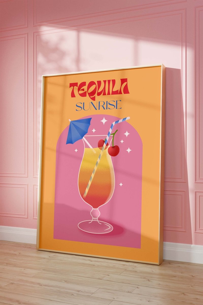 Tequila Sunrise Poster · Retro Cocktail Illustration · Pop Art Stil in Warmen Farben · Print ohne Rahmen - justgoodmood