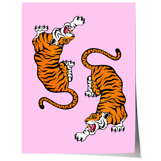 two jumping tigers illustration pink background wild animal poster