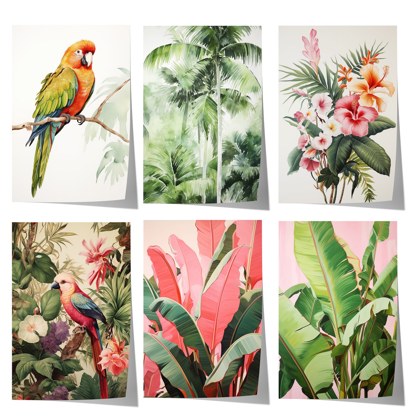Modernes Poster-Set mit tropischen Papageien, Palmen, Hibiskusblüten und Bananenblättern im eleganten Aquarellstil für eine stilvolle Urban-Jungle-Wanddekoration.