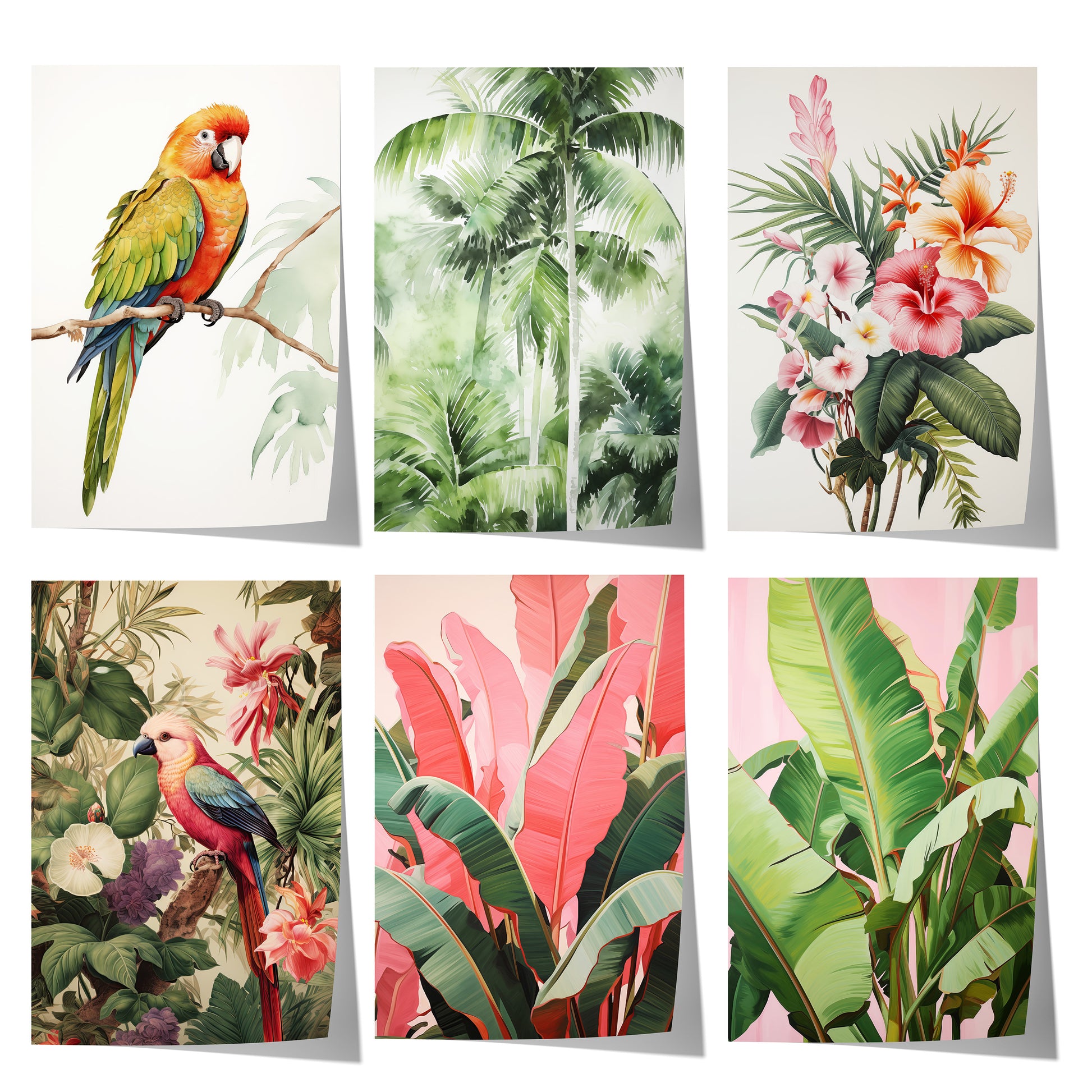 Modernes Poster-Set mit tropischen Papageien, Palmen, Hibiskusblüten und Bananenblättern im eleganten Aquarellstil für eine stilvolle Urban-Jungle-Wanddekoration.