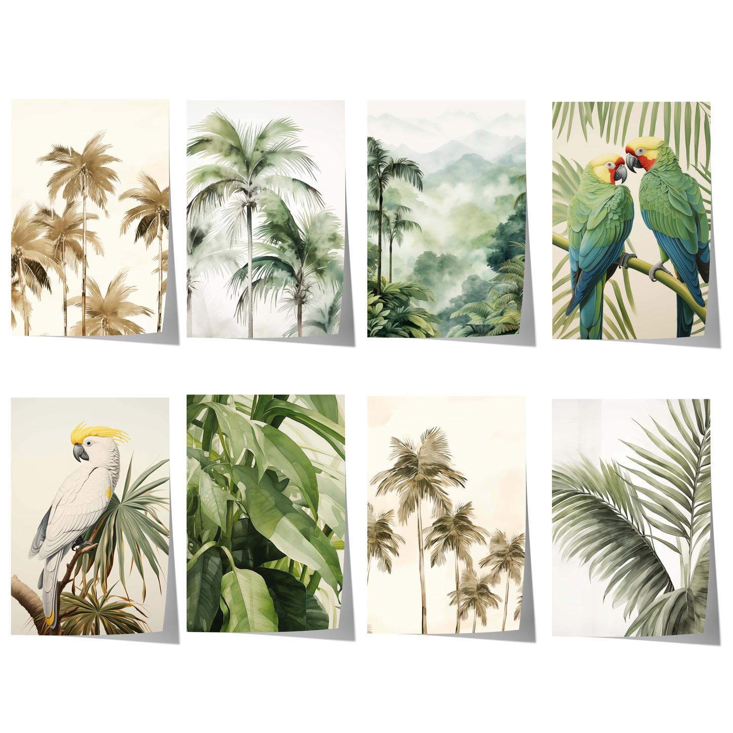Elegantes Poster-Set mit tropischen Palmen, Dschungellandschaften, exotischen Papageien und botanischen Blättern im sanften Aquarellstil.