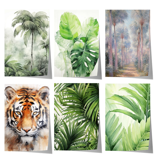 Modernes Poster-Set mit tropischen Palmen, Monstera-Blättern, Dschungelpflanzen und einem Tiger im sanften Aquarellstil für natürliche Wohnraumdekoration.