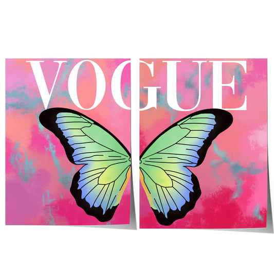 set of two aesthetic butterfly posters with vogue style typography on pink background