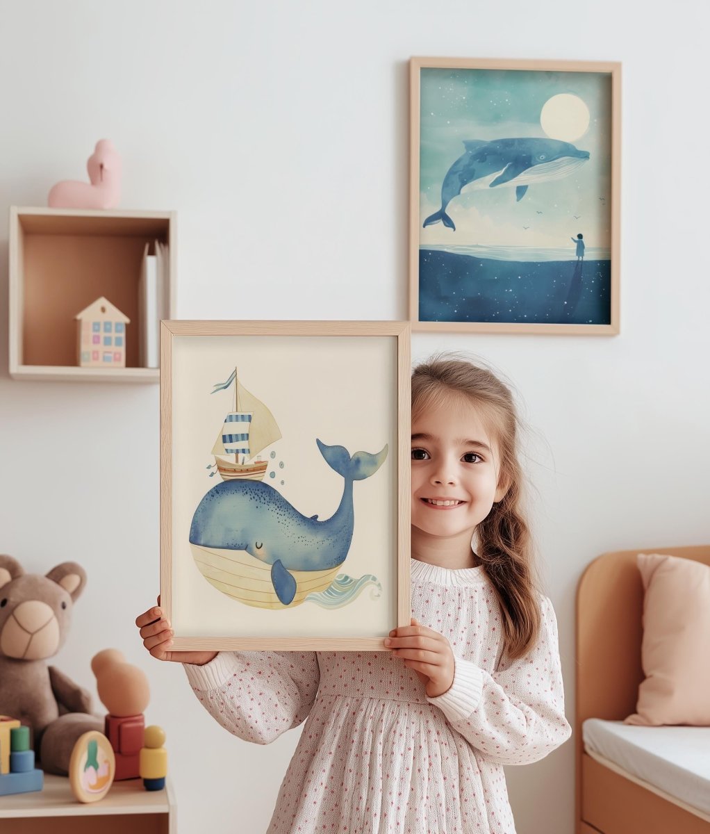 Wal Poster Kinderzimmer · Geschenkidee für Kinder ·Märchenhafte Ozeane · Traumhaftes Wal Abenteuer · Kind trifft Wal ·Deko Print ohne Rahmen - justgoodmood