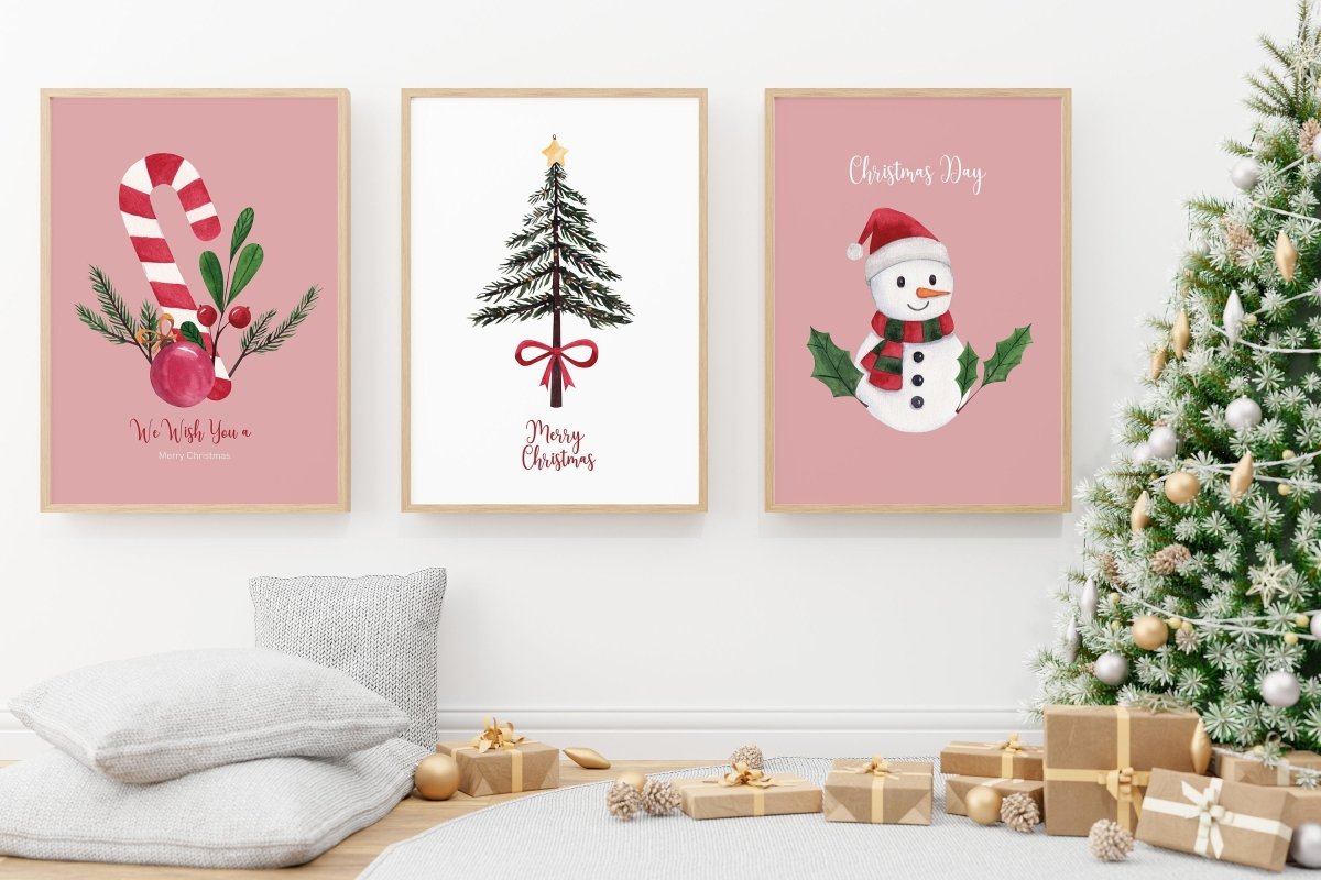 Weihnachtsposter Merry Christmas Aquarell · Geschenkidee · Weihnachtsbaum Schneemann Zuckerstange · Wand deko · Deko Print · ohne Rahmen - justgoodmood