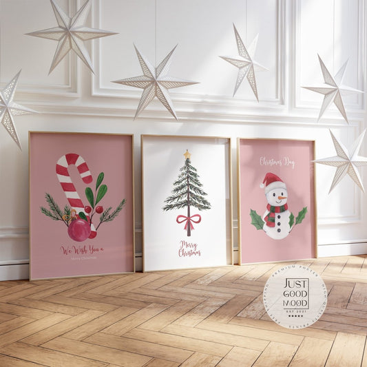 Weihnachtsposter Merry Christmas Aquarell · Geschenkidee · Weihnachtsbaum Schneemann Zuckerstange · Wand deko · Deko Print · ohne Rahmen - justgoodmood
