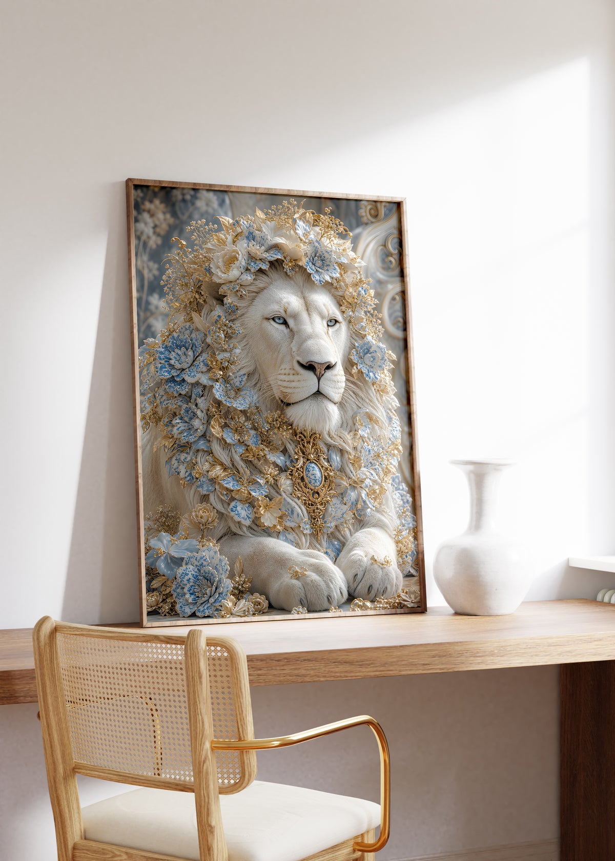 Gerahmtes Poster mit einem weißen Löwen, einer hellblauen Blütenkrone und goldenem Schmuck, auf einem Holztisch neben einer weißen Vase.