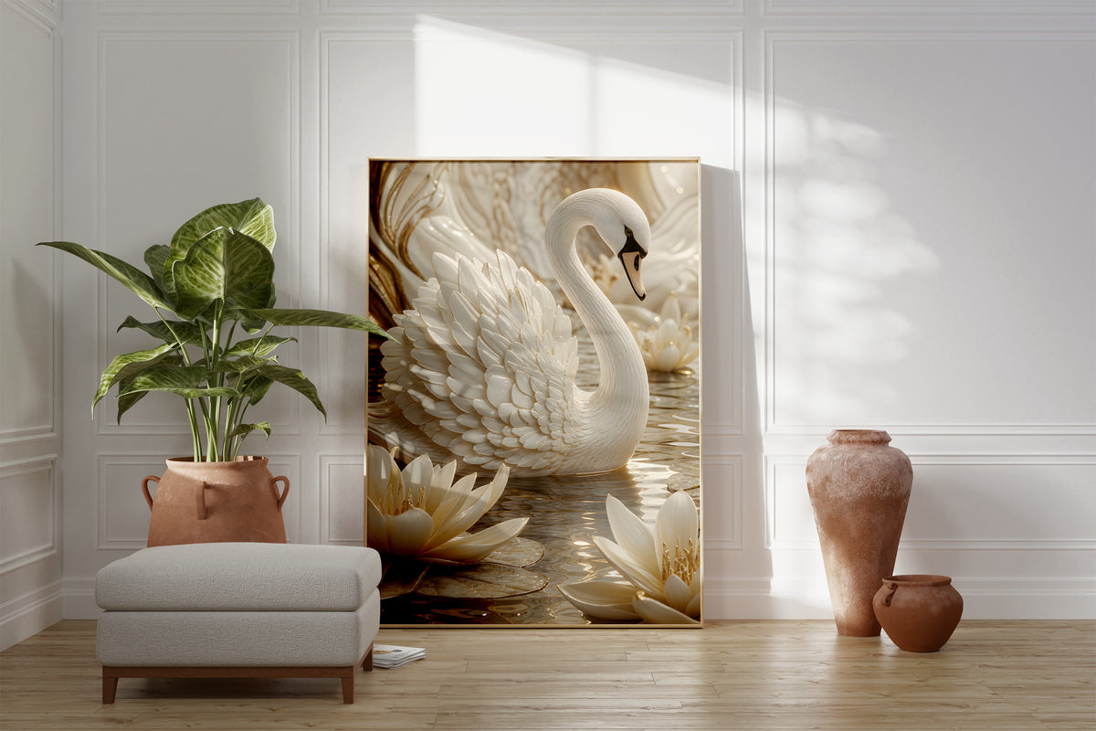 Motiv mit einem weißen Schwan auf dem Wasser zwischen weißen Seerosen, als gerahmtes Poster neben Sessel und Zimmerpflanze.