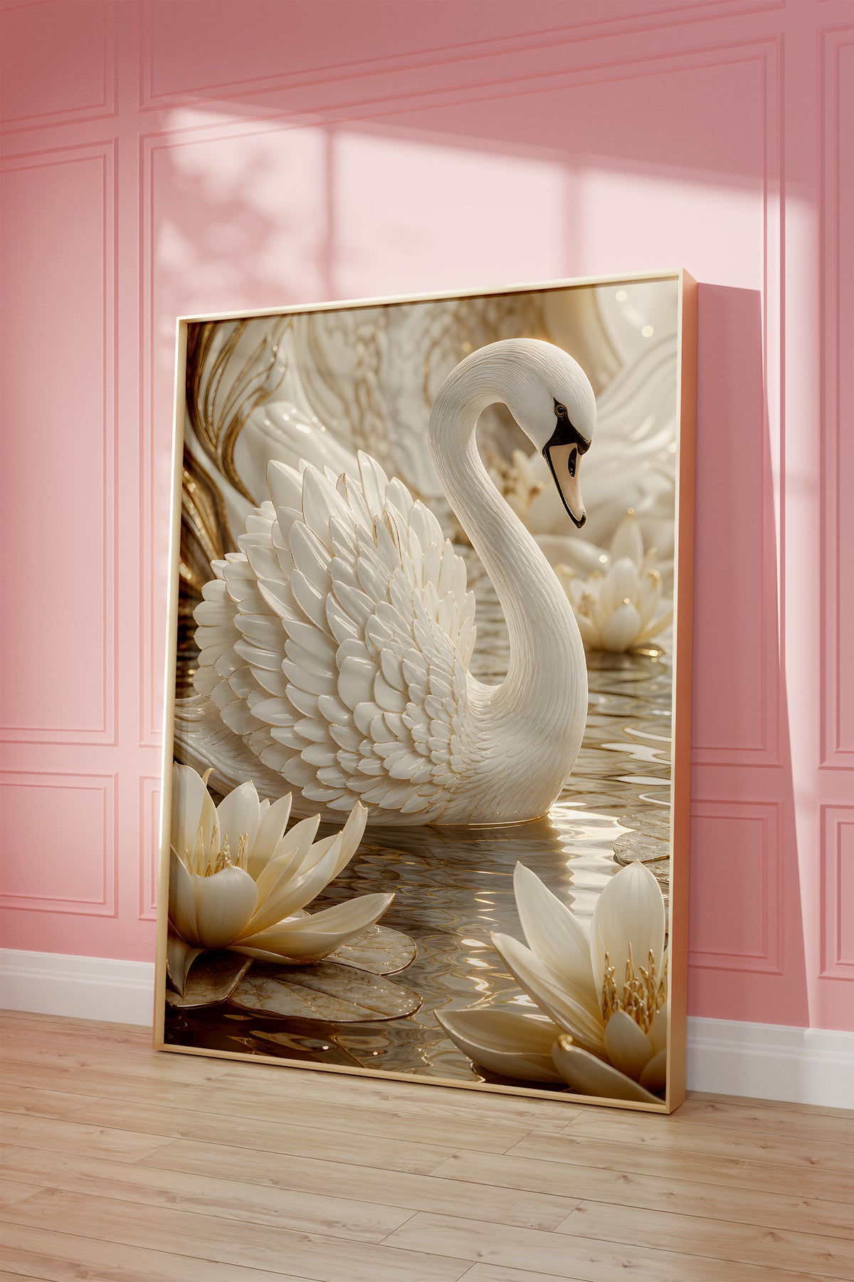 Motiv mit einem weißen Schwan auf dem Wasser zwischen weißen Seerosen, als gerahmtes Poster vor einer rosafarbenen Wand.