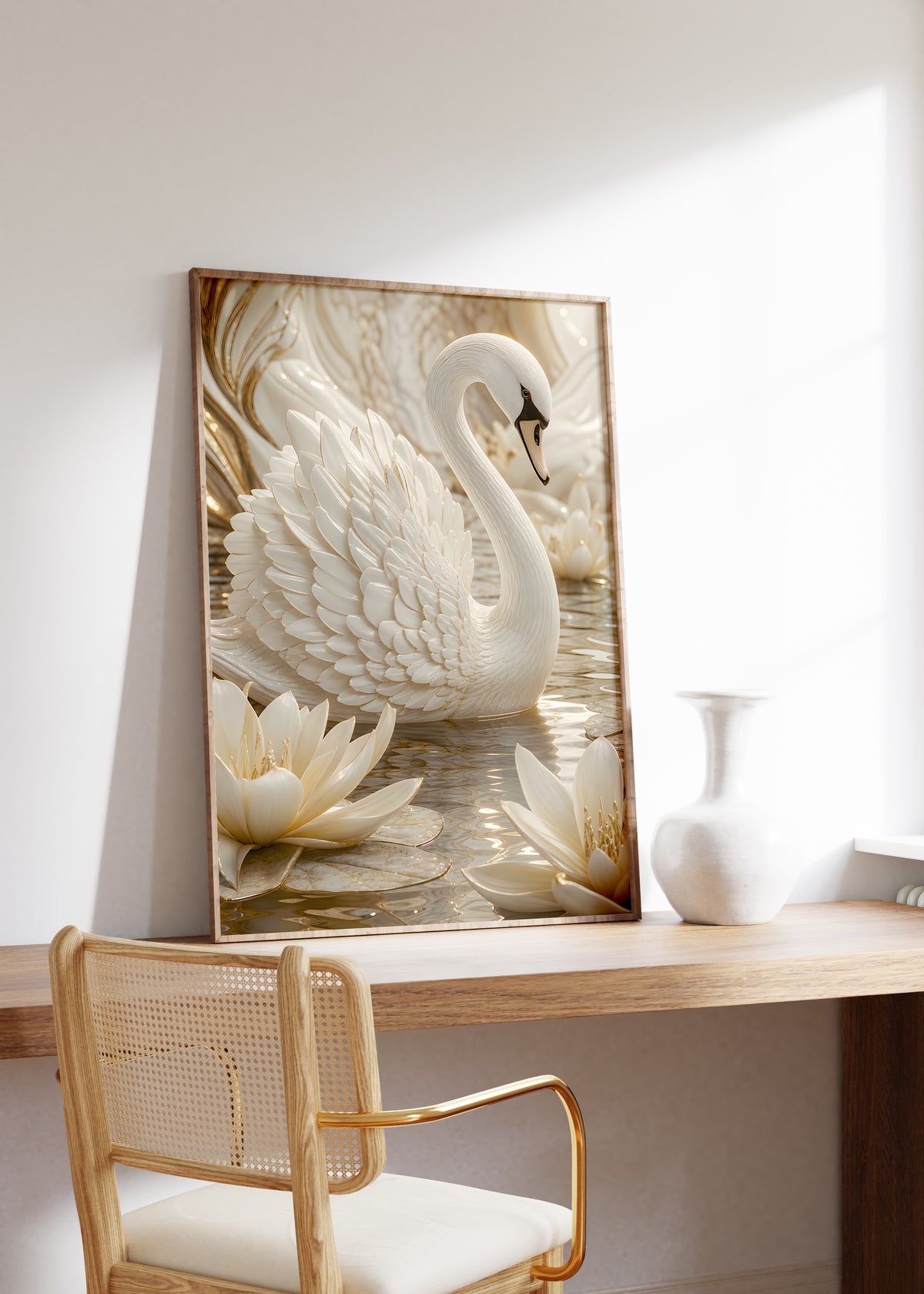 Gerahmtes Poster mit einem weißen Schwan auf dem Wasser zwischen weißen Seerosen, auf einem Holztisch neben einer weißen Vase.