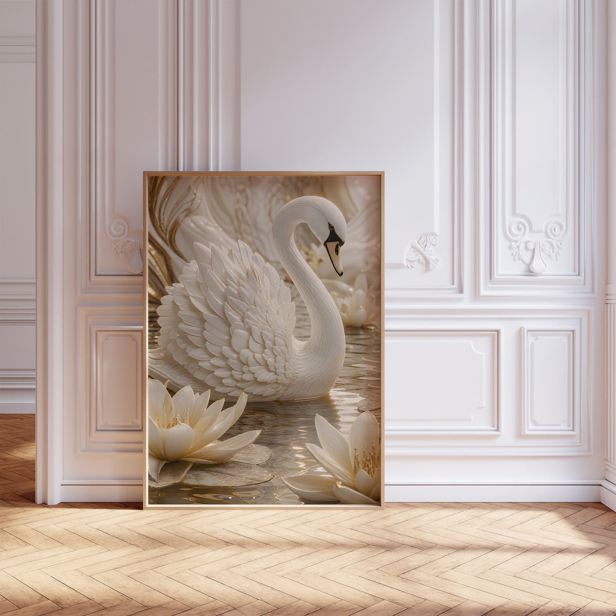 Gerahmtes Poster mit einem weißen Schwan auf dem Wasser zwischen weißen Seerosen, vor einer weißen Wand mit Zierleisten.