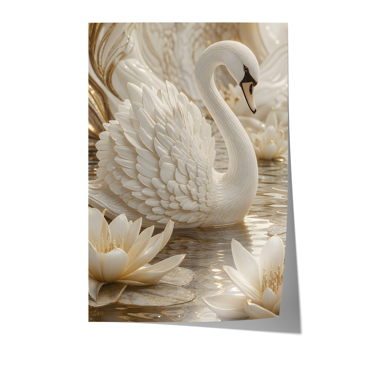 Poster mit einem weißen Schwan auf dem Wasser zwischen weißen Seerosen auf weißem Hintergrund.