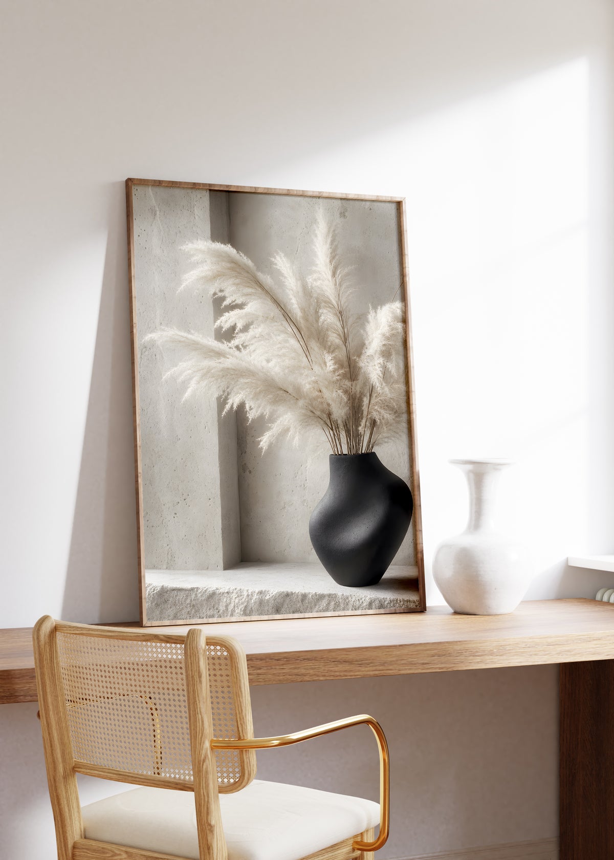 Gerahmtes Poster mit weißen Pampaswedeln in einer schwarzen geschwungenen Vase, auf einem Holztisch neben einer weißen Vase.