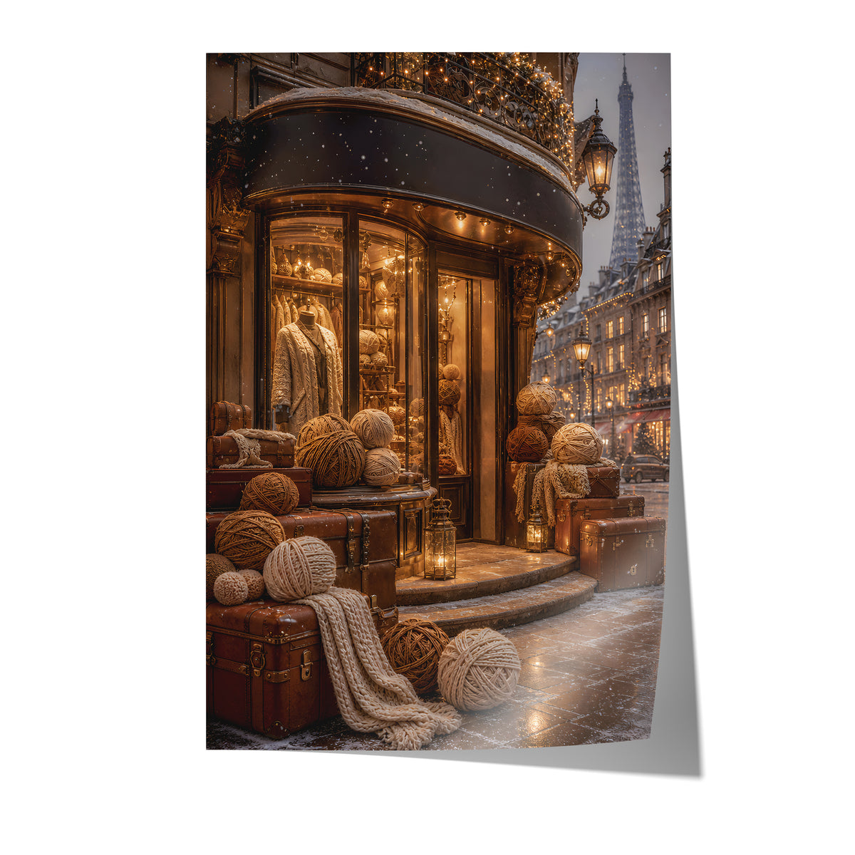 Poster mit einer beleuchteten Boutique mit Lederkoffern, Wollknäueln und Strickschals im Schnee auf weißem Hintergrund.