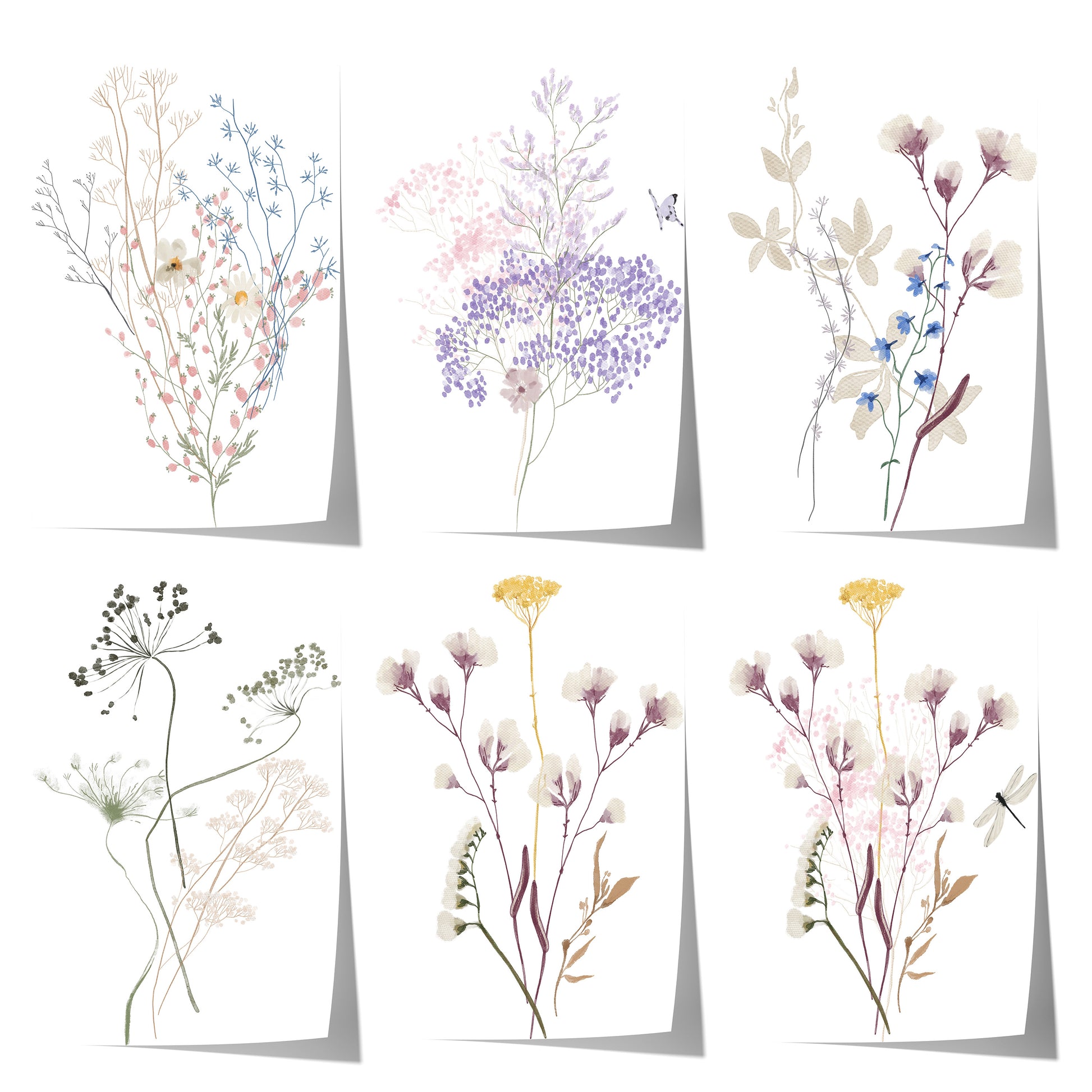 Zarte botanische Blumenillustration mit pastellfarbenen Wildblumen, filigranen Stängeln und natürlichen Pflanzen auf weißem Hintergrund.
