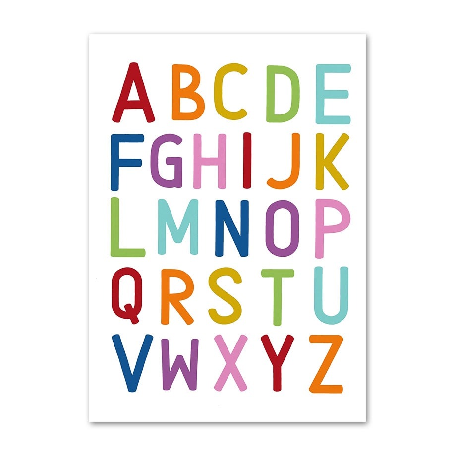Vielfältiges Poster mit bunten Buchstaben des Alphabets von A bis Z, ideal für Kinderzimmer-Deko und Lernen, erstellt von justgoodmood.