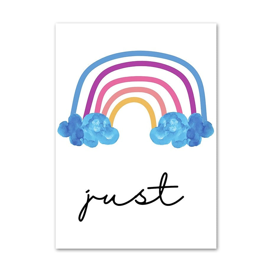 Buntes Poster von justgoodmood mit einem Regenbogen und der Aufschrift 'just', ideal für Kinderzimmer Deko und positive Vibes.