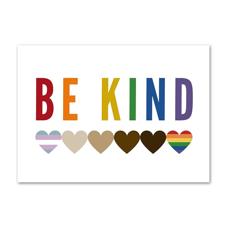 Buntes Poster mit der Botschaft "BE KIND" und Herzen in verschiedenen Farben, ideal als Deko Print für das Kinderzimmer von justgoodmood.