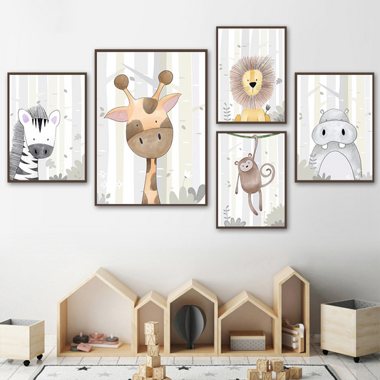 Poster children's room animals pictures giraffe lion zebra monkey hippopotamus as a decorative print without a frame