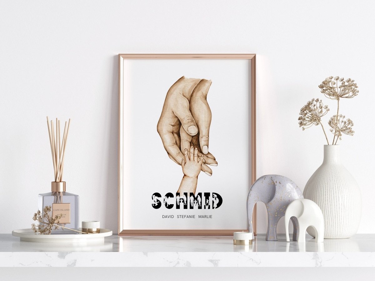 Familienposter Hände mit Namen · Personalisiertes Familienbild · Geschenk für Familie · Dekoprint ohne Rahmen - justgoodmood