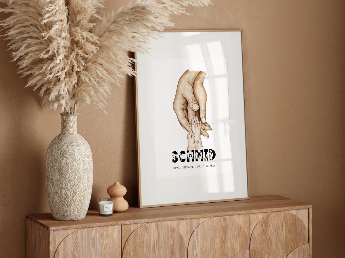 Familienposter Hände mit Namen · Personalisiertes Familienbild · Geschenk für Familie · Dekoprint ohne Rahmen - justgoodmood
