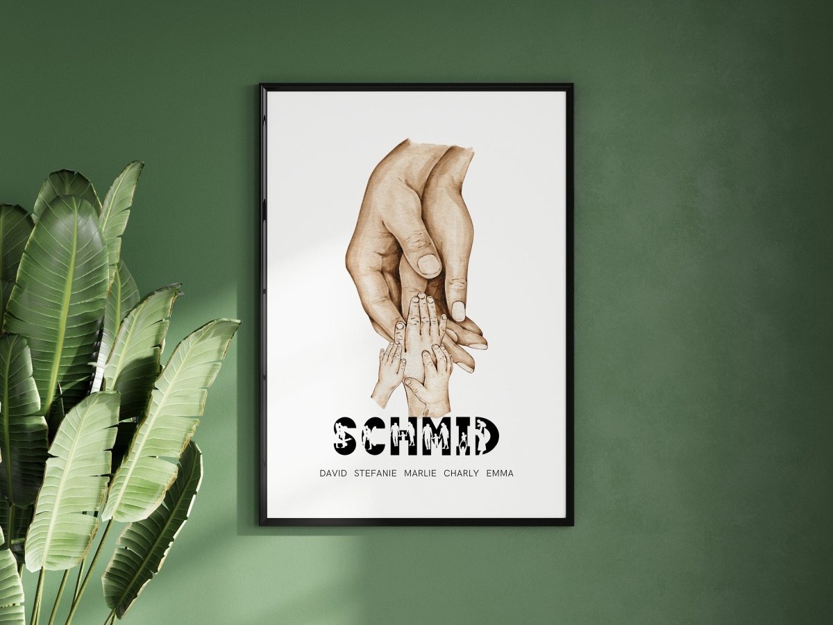Familienposter Hände mit Namen · Personalisiertes Familienbild · Geschenk für Familie · Dekoprint ohne Rahmen - justgoodmood