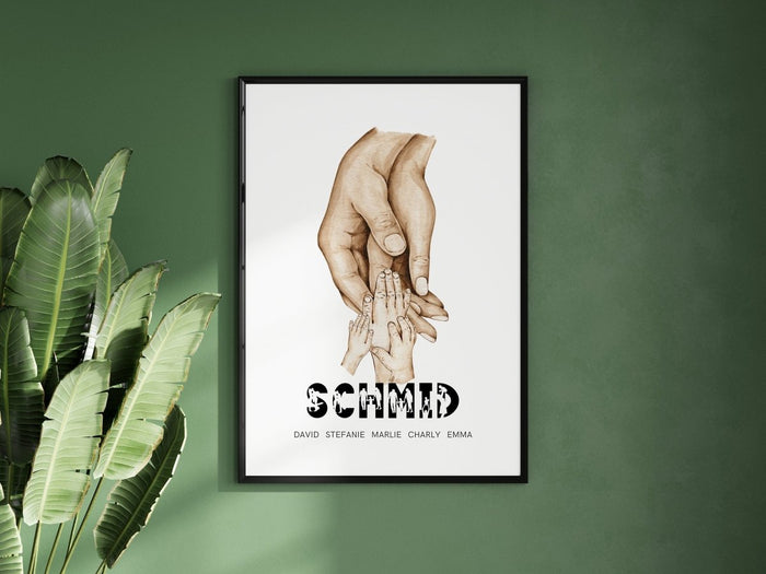 Familienposter Hände mit Namen – Premium Baumwolle