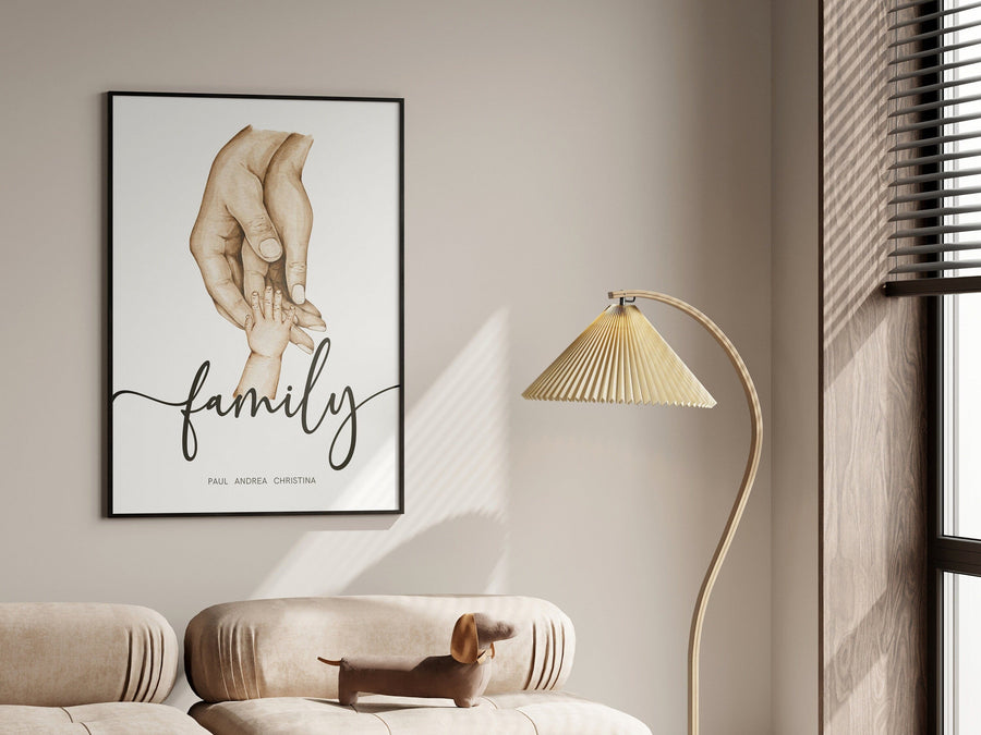 Familienposter mit Händen Personalisiere Namen I Haltende Hände I Wohnzimmer Schlafzimmer Bilder I Wand Deko I Kunstdruck I ohne Rahmen - justgoodmood