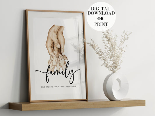 Familienposter mit Händen Personalisiere Namen I Haltende Hände I Wohnzimmer Schlafzimmer Bilder I Wand Deko I Kunstdruck I ohne Rahmen - justgoodmood