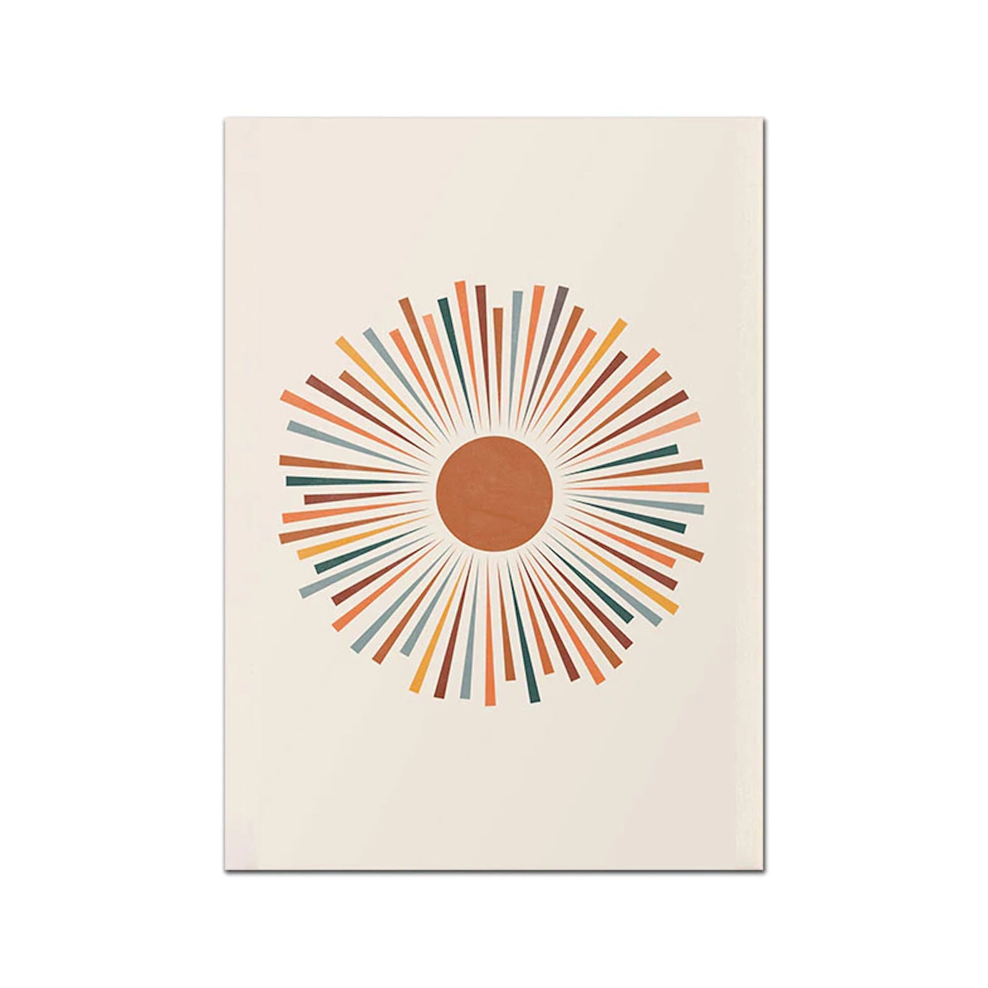 Abstrakte Sonnenillustration in lebendigen Farben, ideal für die Wandgestaltung, erhältlich bei justgoodmood jeden Raum aufzupeppen.