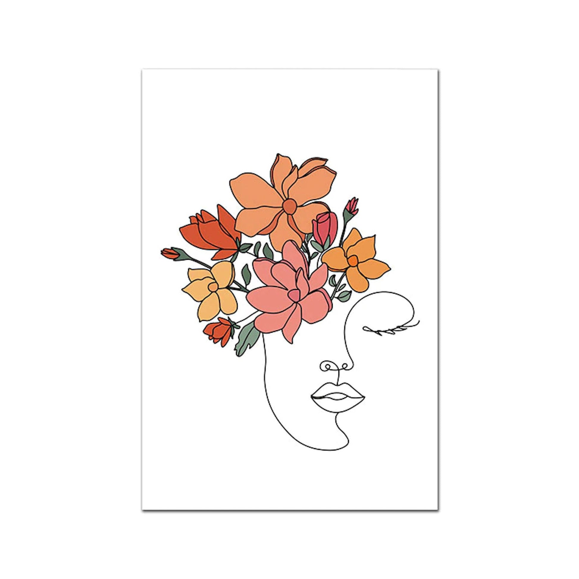 Fröhliches Boho Poster mit einer abstrakten Darstellung eines Gesichts, das mit bunten Blumen geschmückt ist, ideal für die Wandgestaltung im Wohnzimmer oder Schlafzimmer. Von JustGoodMood, Poster Boho Sonne Botanik Blätter.