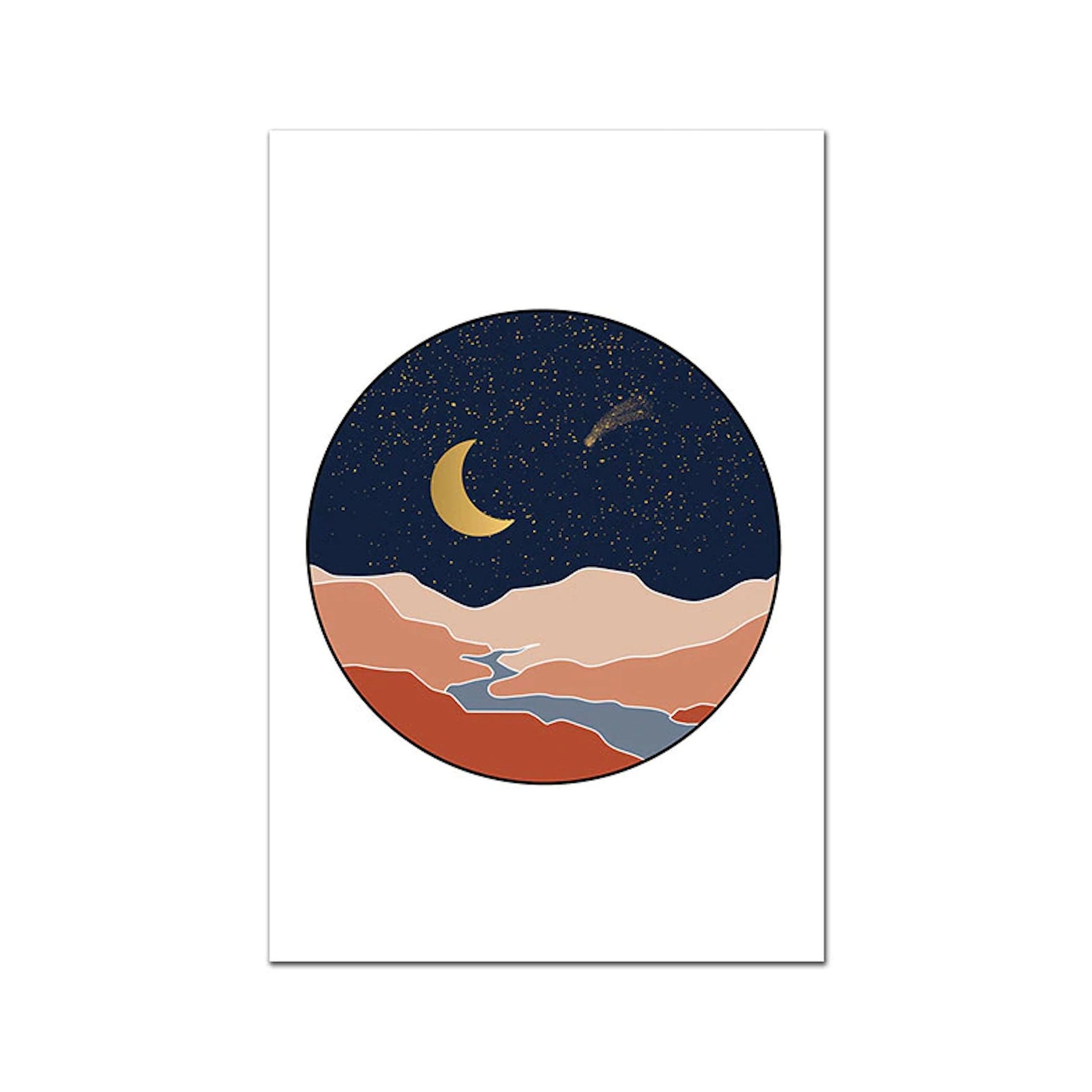 Boho Sonne Botanik Blätter Poster von justgoodmood – Farbiges Rundbild mit nächtlicher Landschaft und Mond, perfekt für ein stilvolles Wohnambiente.