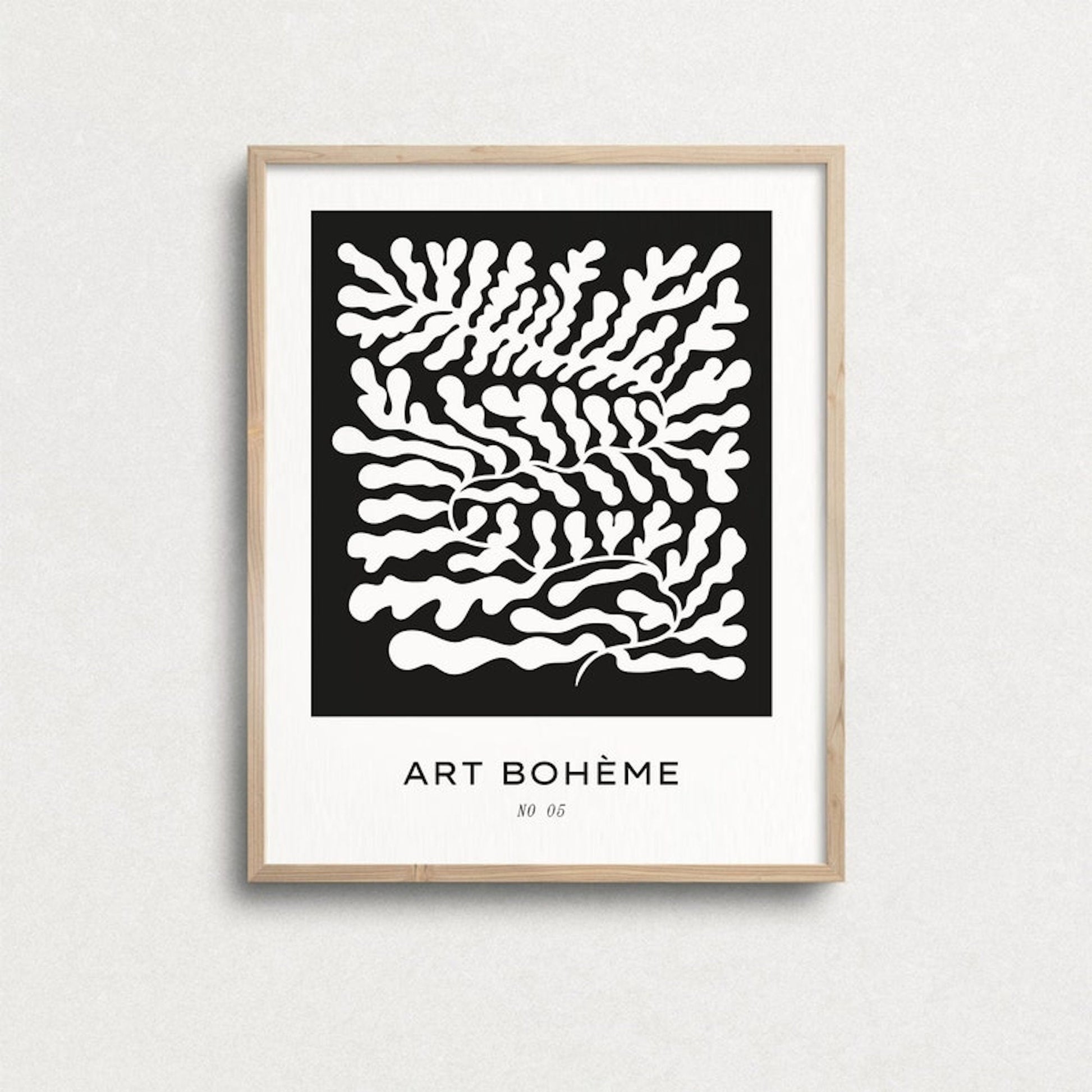 Schwarz-Weiß Poster 'Art Bohème No 06' von justgoodmood, das mit einem modernen abstrakten Design von Blättern begeistert, perfekt für eine stilvolle Wohnkultur.
